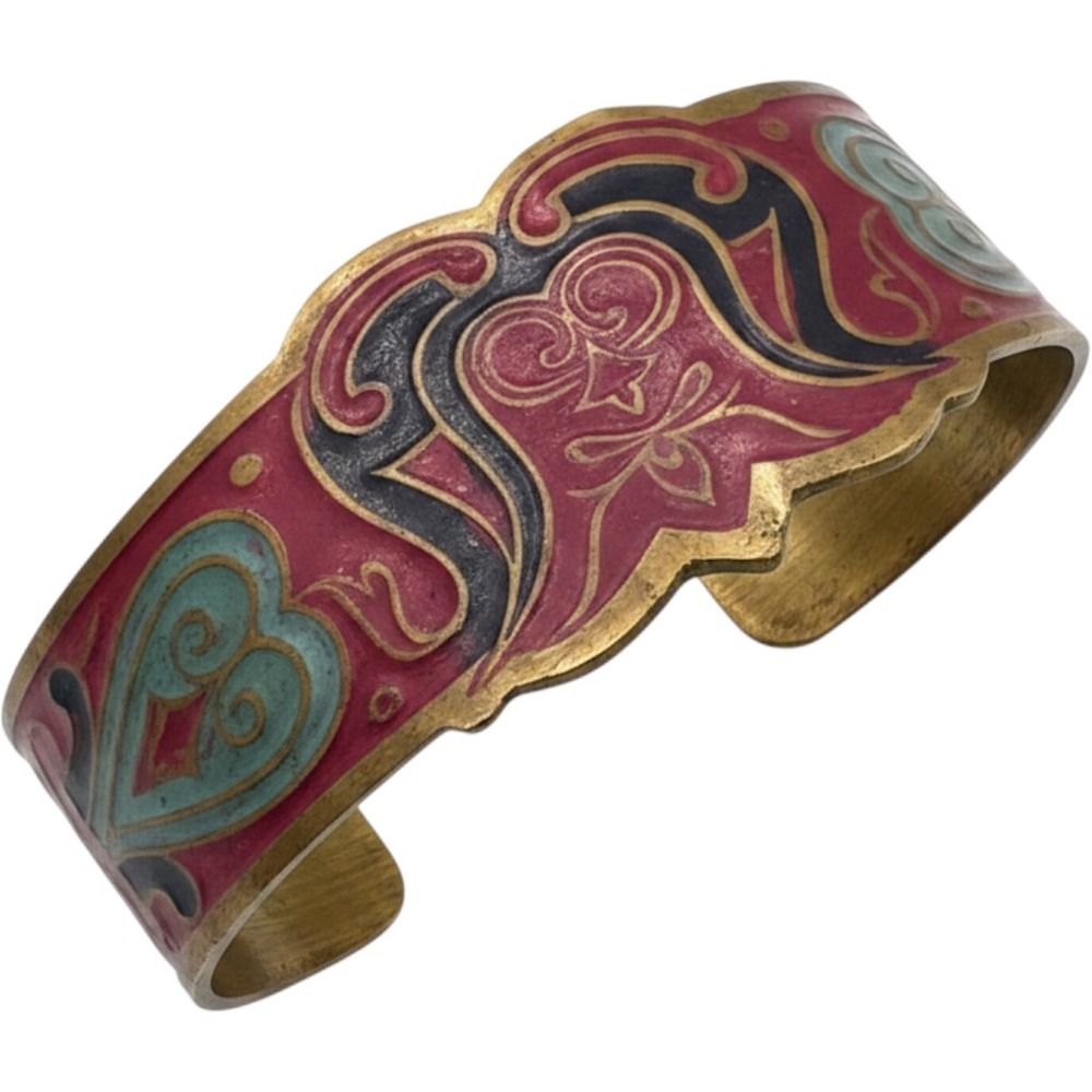 Vintage India Brass Champleve Enamel Cuff Bracelet Pink Teal Heart Floral READ!